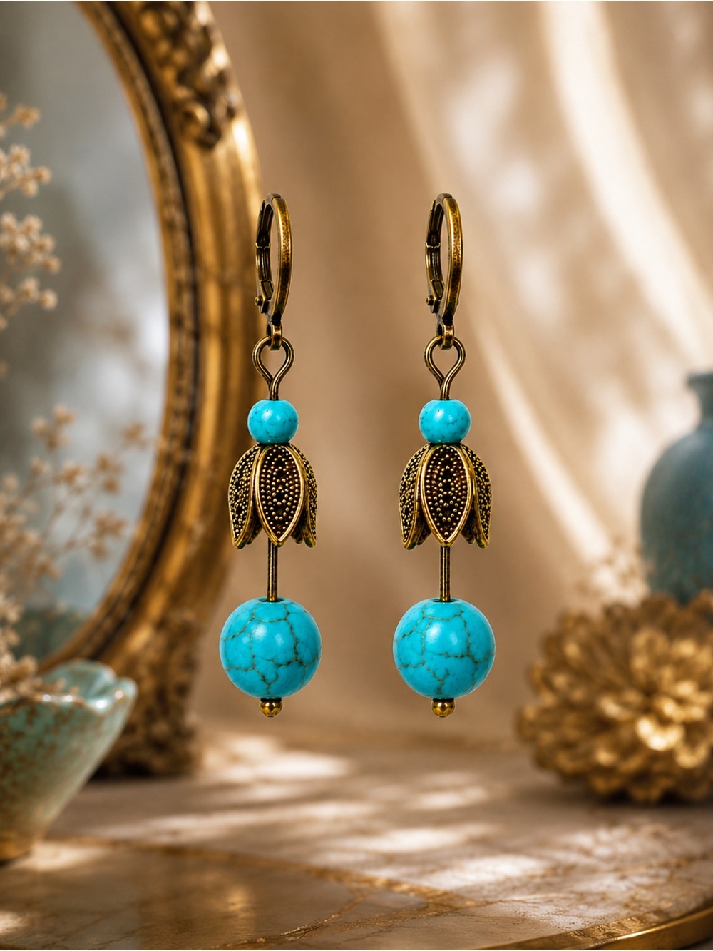 Antique Gold Tulip Earrings Turquoise Dangles Boho Floral Jewelry
